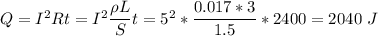Q = I^2Rt=I^2\dfrac{\rho L}{S}t = 5^2*\dfrac{0.017*3}{1.5}*2400 = 2040~J