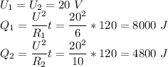 U_1 = U_2 = 20~V\\Q_1 = \dfrac{U^2}{R_1}t = \dfrac{20^2}{6}*120=8000~J\\Q_2 = \dfrac{U^2}{R_2}t = \dfrac{20^2}{10}*120=4800~J