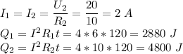 I_1 = I_2 = \dfrac{U_2}{R_2} = \dfrac{20}{10} = 2~A\\Q_1 = I^2R_1t = 4*6*120=2880~J\\Q_2=I^2R_2t = 4*10*120 = 4800~J