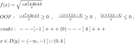 f(x)=\sqrt{\frac{-x^2+3x+4}{x}}\\\\OOF:\; \; \frac{-x^2+3x+4}{x}\geq 0\; \; ,\; \; \; \frac{-(x+1)(x-4)}{x}\geq 0\; \; ,\; \; \frac{(x+1)(x-4)}{x}\leq 0\; ,\\\\znaki:\; \; ---[-1\; ]+++(0)---[\; 4\; ]+++\\\\x\in D(y)=(-\infty ,-1\, ]\cup (0,4\; ]