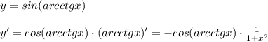y=sin(arcctgx)\\\\y'=cos(arcctgx)\cdot (arcctgx)'=-cos(arcctgx)\cdot \frac{1}{1+x^2}