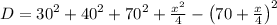 D=30^2+40^2+70^2+\frac{x^2}{4}-\left(70+\frac{x}{4}\right)^2