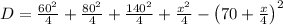 D=\frac{60^2}{4}+\frac{80^2}{4}+\frac{140^2}{4}+\frac{x^2}{4} -\left(70+\frac{x}{4}\right)^2