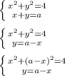 \left \{ {{x^2+y^2=4} \atop {x+y=a}} \right.\\ \\ \left \{ {{x^2+y^2=4} \atop {y=a-x}} \right.\\ \\ \left \{ {{x^2+(a-x)^2=4} \atop {y=a-x}} \right.