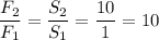 \dfrac{F_2}{F_1} = \dfrac{S_2}{S_1} = \dfrac{10}{1} = 10