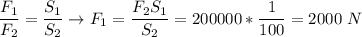 \dfrac{F_1}{F_2} = \dfrac{S_1}{S_2} \to F_1 = \dfrac{F_2S_1}{S_2} = 200000*\dfrac{1}{100} = 2000~N