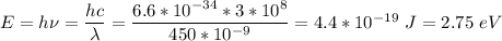 E = h\nu = \dfrac{hc}{\lambda} = \dfrac{6.6*10^{-34}*3*10^8}{450*10^{-9}} = 4.4*10^{-19}~J = 2.75~eV