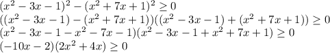 (x^2 - 3x - 1)^2 - (x^2 +7x+1)^2\geq0\\((x^2 - 3x - 1) - (x^2 +7x+1))((x^2 - 3x - 1) + (x^2 +7x+1)) \geq 0\\(x^2 - 3x - 1 -x^2 - 7x - 1)(x^2 - 3x - 1 + x^2 + 7x + 1) \geq 0\\(-10x - 2)(2x^2 +4x)\geq 0\\