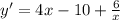 y' = 4x - 10 + \frac{6}{x}