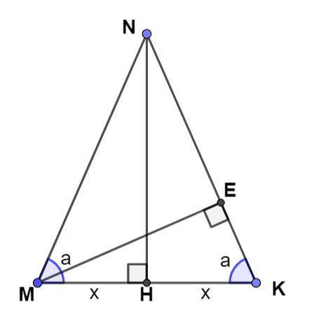 В равнобедренном треугольнике MNK угол при основании МК = а. Найти отношение высот МЕ и NH.