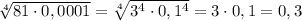 \sqrt[4]{81\cdot 0,0001}=\sqrt[4]{3^4\cdot 0,1^4}=3\cdot 0,1=0,3