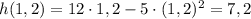 h(1,2) = 12 \cdot 1,2 - 5 \cdot (1,2)^2 = 7,2