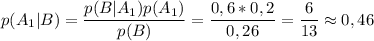 p(A_1|B)=\dfrac{p(B|A_1)p(A_1)}{p(B)}=\dfrac{0,6*0,2}{0,26}=\dfrac{6}{13}\approx 0,46