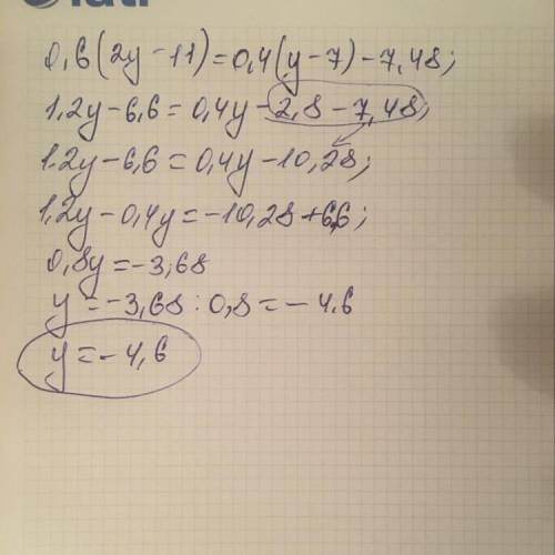 Розв'яжіть рівняння 0,6(2у-11)=0,4(у-7)-7,48