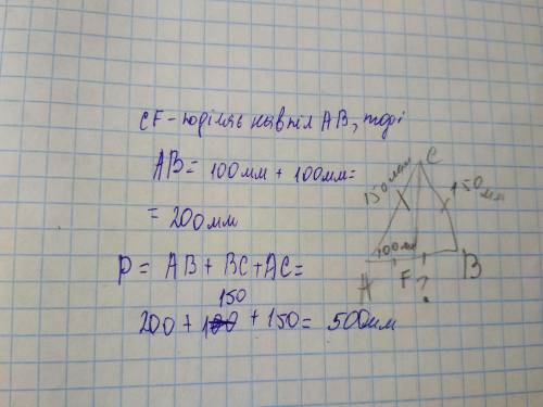 Вычисли периметр треугольника ACB и сторону AB, если CF — медиана, CB=AC=150мм иFA=100мм. (Укажи дли