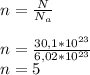 n=\frac{N}{N_a} \\\\n=\frac{30,1*10^{23}}{6,02*10^{23}} \\n=5