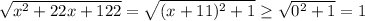 \sqrt{x^{2} +22x+122} =\sqrt{(x+11)^{2} +1} \geq \sqrt{0^{2} +1}=1