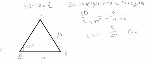 В треугольники АВС найдите синус угла С если АВ=8, АС=10, угол В=30 градусов ​