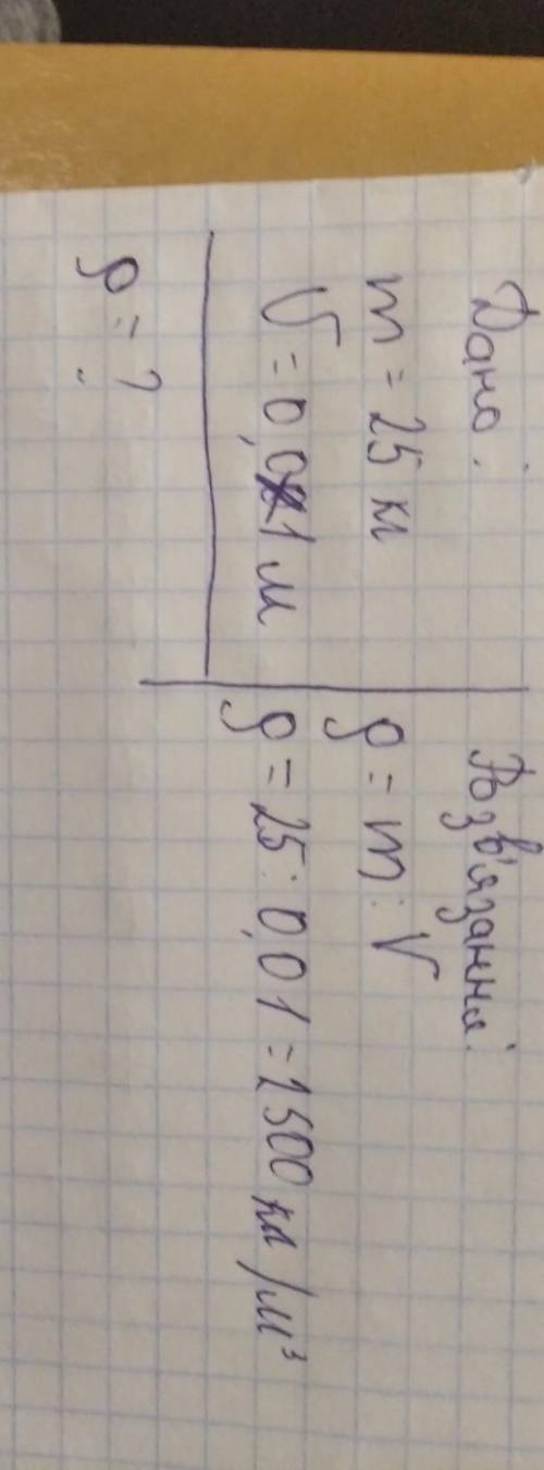 Гранітна плита має масу 25 кг і об'єм 0,01 м куб. Яка густина граніту?