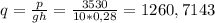 q=\frac{p}{gh} =\frac{3530}{10*0,28} =1260,7143