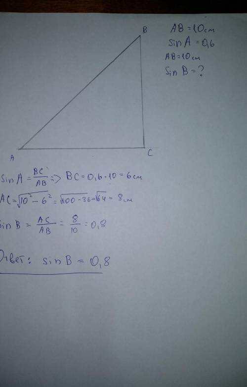 В прямоугольном треугольнике АВС : sinA=0,6 гипотенуза=10 см. Найдите sinB.
