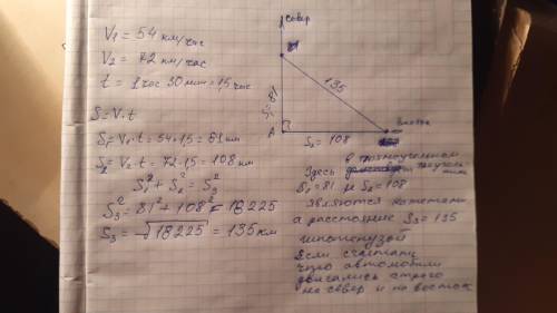 Два автомобиля выехали одновременно из пункта А:первый- на север со скоростью V1=54 км/час Второй-н