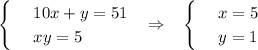 \begin{cases} & \text{ } 10x+y=51 \\ & \text{ } xy=5\end{cases}~~\Rightarrow~~ \begin{cases} & \text{ } x=5 \\ & \text{ } y=1 \end{cases}