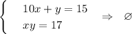 \begin{cases} & \text{ } 10x+y=15 \\ & \text{ } xy=17\end{cases}~~\Rightarrow~~ \varnothing