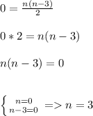 0=\frac{n(n-3)}{2}\\\\0*2=n(n-3)\\\\n(n-3)=0\\\\\\\left \{ {{n=0} \atop {n-3=0}} \right. =n=3