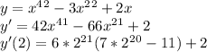 y=x^4^2-3x^2^2+2x\\y'=42x^4^1-66x^2^1+2\\y'(2)=6*2^2^1(7*2^2^0-11)+2