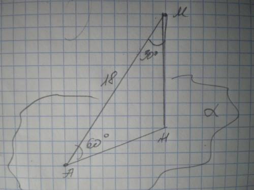 З точки М до площини проведено перпендикуляр і похилу, довжина якої 18 см. Кут між похилою і площино