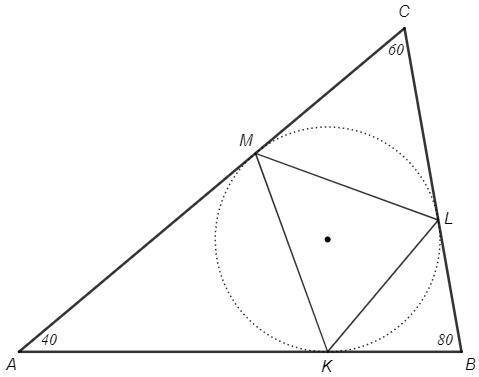 В треугольник с углами 40 и 80 градусов вписана окружность найдите углы треугольника вершинами котор