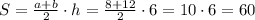 S=\frac{a+b}{2}\cdot h= \frac{8+12}{2}\cdot 6= 10\cdot 6 = 60