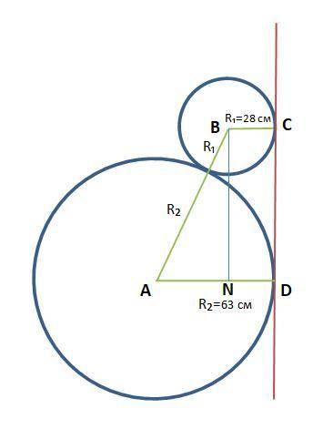 Две окружности с радиусами R1 и R2 касаются друг друга внешним образом. Найдите длину отрезка общей