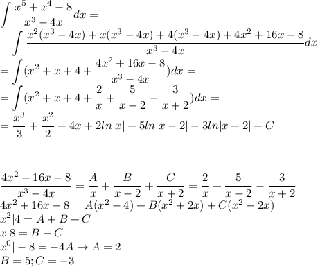 \displaystyle\int\frac{x^5+x^4-8}{x^3-4x}dx=\\=\int\frac{x^2(x^3-4x)+x(x^3-4x)+4(x^3-4x)+4x^2+16x-8}{x^3-4x}dx=\\=\int(x^2+x+4+\frac{4x^2+16x-8}{x^3-4x})dx=\\=\int(x^2+x+4+\frac{2}{x}+\frac{5}{x-2}-\frac{3}{x+2})dx=\\=\frac{x^3}{3}+\frac{x^2}{2}+4x+2ln|x|+5ln|x-2|-3ln|x+2|+C\\\\\\\\\frac{4x^2+16x-8}{x^3-4x}=\frac{A}{x}+\frac{B}{x-2}+\frac{C}{x+2}=\frac{2}{x}+\frac{5}{x-2}-\frac{3}{x+2}\\4x^2+16x-8=A(x^2-4)+B(x^2+2x)+C(x^2-2x)\\x^2|4=A+B+C\\x|8=B-C\\x^0|-8=-4A\to A=2\\B=5;C=-3