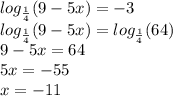 log_{ \frac{1}{4} }(9 - 5x) = - 3 \\ log_{ \frac{1}{4} }(9 - 5x) = log_{ \frac{1}{4} }(64) \\ 9 - 5x = 64 \\ 5x = - 55 \\ x = - 11
