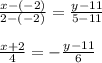 \frac{x-(-2)}{2-(-2)} =\frac{y-11}{5-11} \\\\ \frac{x+2}{4} =-\frac{y-11}{6}\\\\