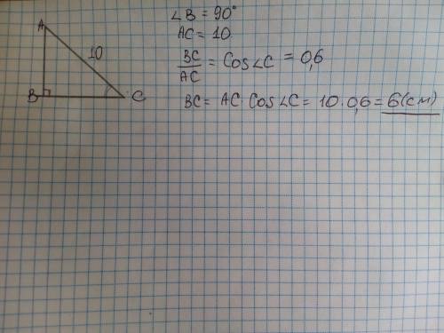 У прямокутному трикутнику гіпотенуза дорівнює 10 см, а косинус одного з гострих кутів дорівнює 0,6.