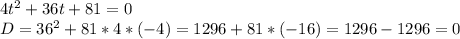 4t^{2} + 36t + 81 = 0\\D = 36^{2} +81*4*(-4) = 1296 + 81*(-16) = 1296 - 1296 = 0