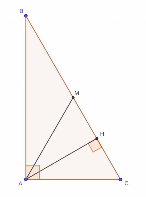 В прямокутному трикутнику до гіпотенузи проведені висота і медіана . Кут між ними дорівнює 30°. Знай