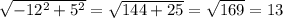 \sqrt{-12^{2} +5^{2}} = \sqrt{144+25} =\sqrt{169}= 13