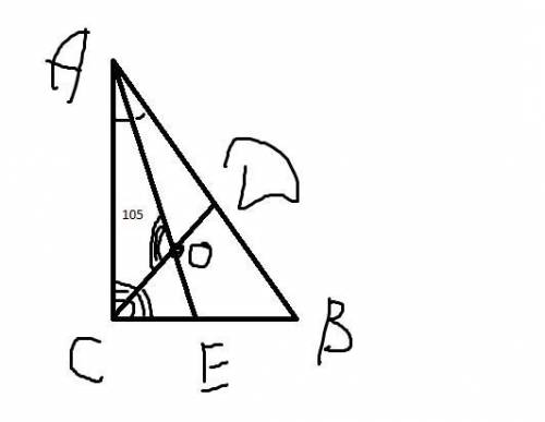 В прямоугольном треугольнике АВС угол С равен 90°. Биссектрисы CD и АЕ пересекаются в точке О. Велич