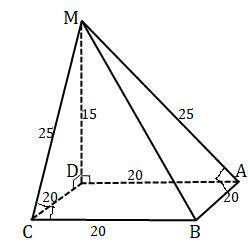 Основанием пирамиды является квадрат со стороной 20 см. Одно боковое ребро перпендикулярно плоскости