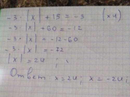 Решите уравнение: −3/4⋅|x|+15=−3 (-3/4 это дробь )