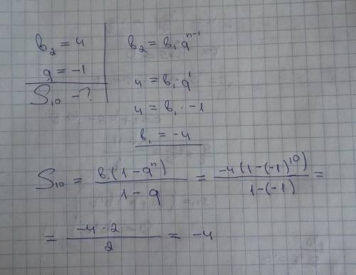 Знайти суму перших десяти членів геометричної прогресії, другий член якої дорівнює 4, а знаменник -1