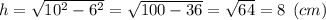 h= \sqrt{10^2-6^2} = \sqrt{100-36}=\sqrt{64} =8 \:\:(cm)