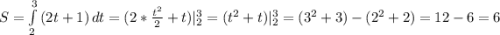 S=\int\limits^3_2 {(2t+1)} \, dt=(2*\frac{t^2}{2}+t)|_2^3=(t^2+t)|_2^3=(3^2+3)-(2^2+2)=12-6=6