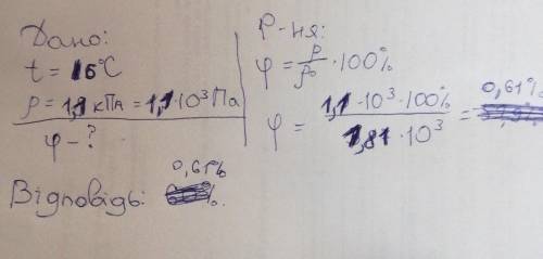 3. Визначте відносну вологість повітря за температури 16 °С, якщо парціальний тиск водяної пари стан