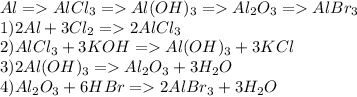 Al = AlCl _3 = Al(OH) _3 =Al _2 O_ 3 =AlBr_ 3\\1) 2Al+3Cl_2=2AlCl_3\\2) AlCl_3+3KOH=Al(OH)_3+3KCl\\3) 2Al(OH)_3=Al_2O_3+3H_2O\\4) Al_2O_3+6HBr=2AlBr_3+3H_2O