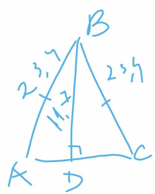 В равнобедренном треугольнике ABC проведена высота BD к основанию AC.Длина высоты — 11,7 см, длина б